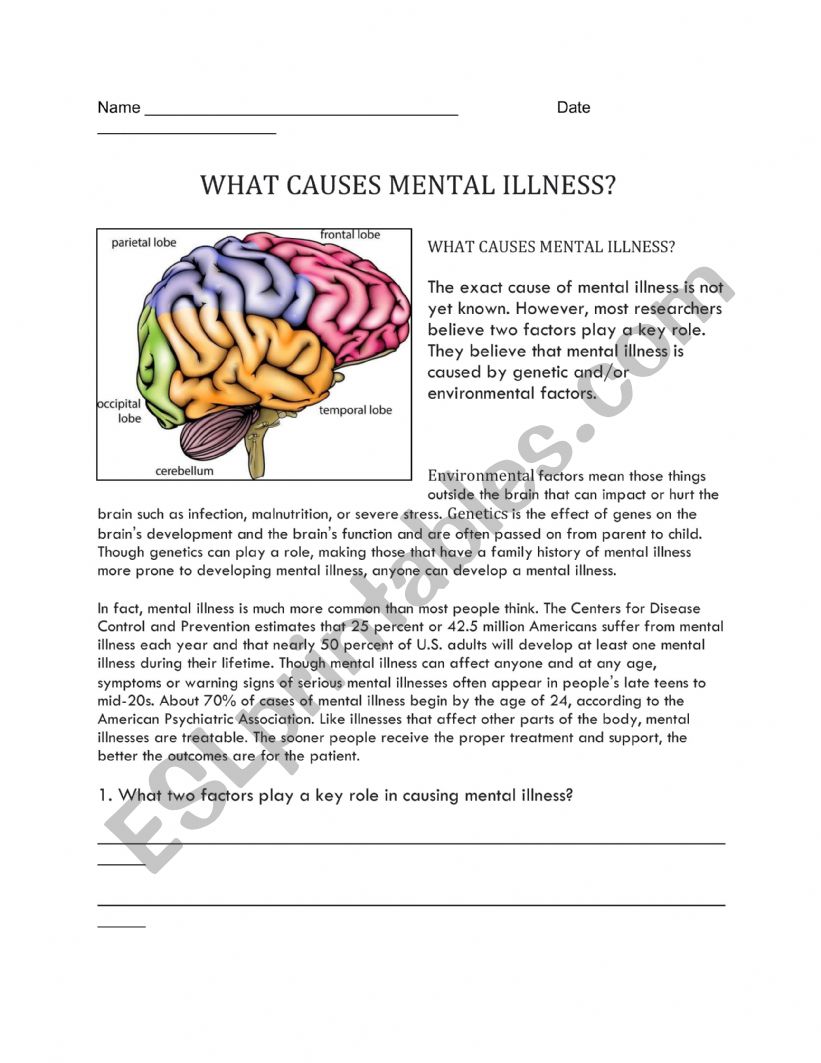 WHAT CAUSES MENTAL ILLNESS?Â  worksheet